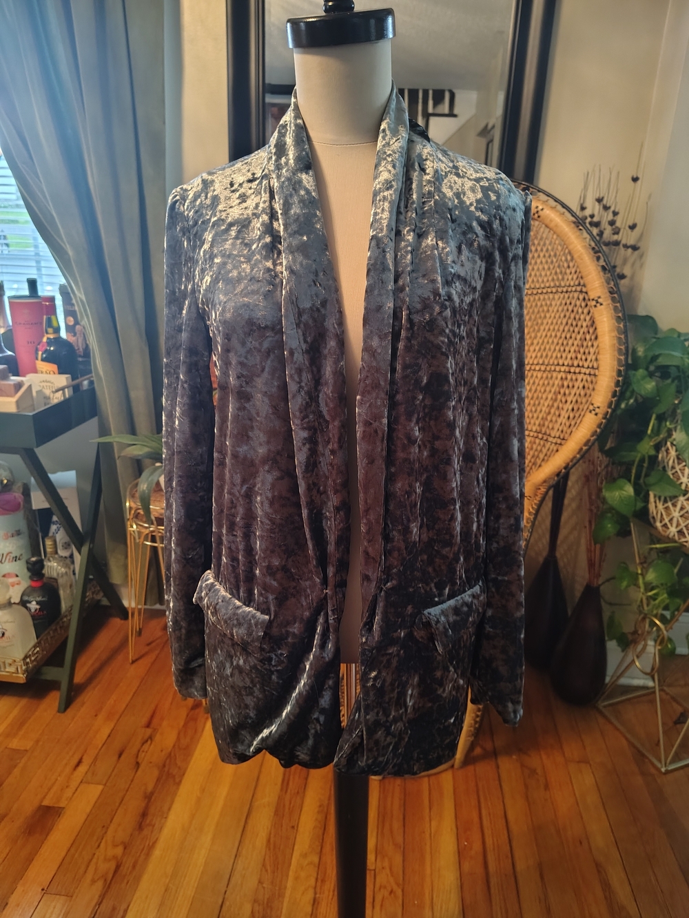 Zara Crushed Velvet Open-Front Blazer - Charcoal Gray